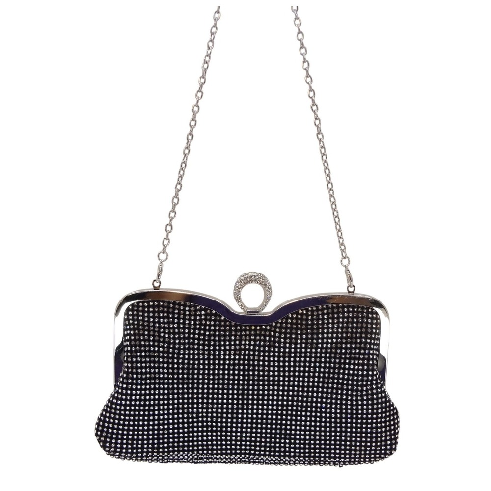 Olivia Miller Evening Clutch Small Black Rhinestone Excellent Ring Clasp Chain